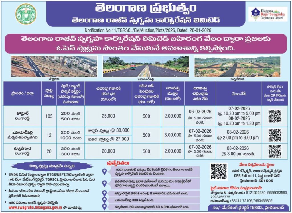 Telangana Rajeev Swagruha Hosuing Plots for auction